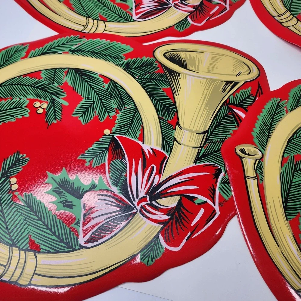 Town & Country Vinyl 1980s Christmas Table Placemats 14 X 18 Red French Horn EC